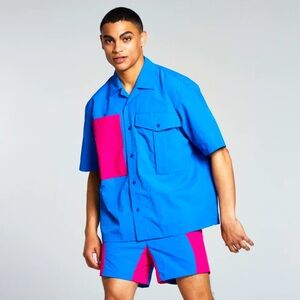 And Now This Jerome Lamar Mens Short Sleeve Nylon Button-Down Shirt Blue & Pink